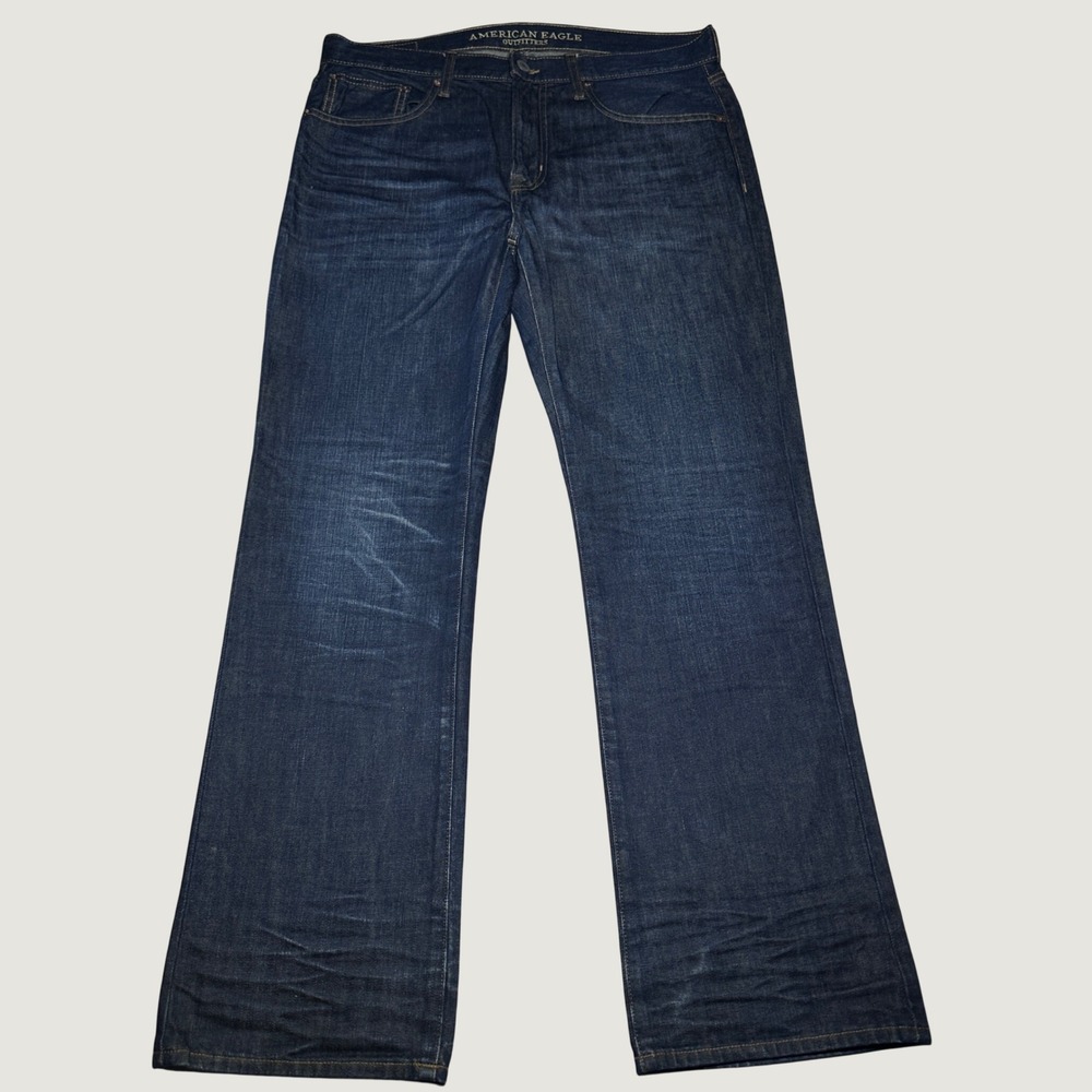 American Eagle Original Boot Jeans Mens 34x32 Whiskered Baggy Dark Wash Blue